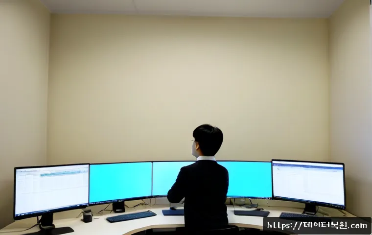 삼각산동 POOL_HEADER_CORRUPTION - Photorealistic IT support workstation in Samgaksan-dong, dual monitors showing a blank office applic...