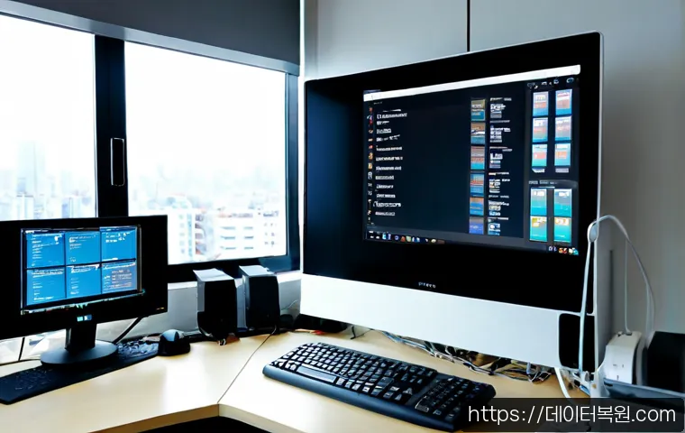 남영동 프리도스 윈도우설치 - Photorealistic IT support workstation in a compact Namyeong-dong office, dual monitors showing a cle...