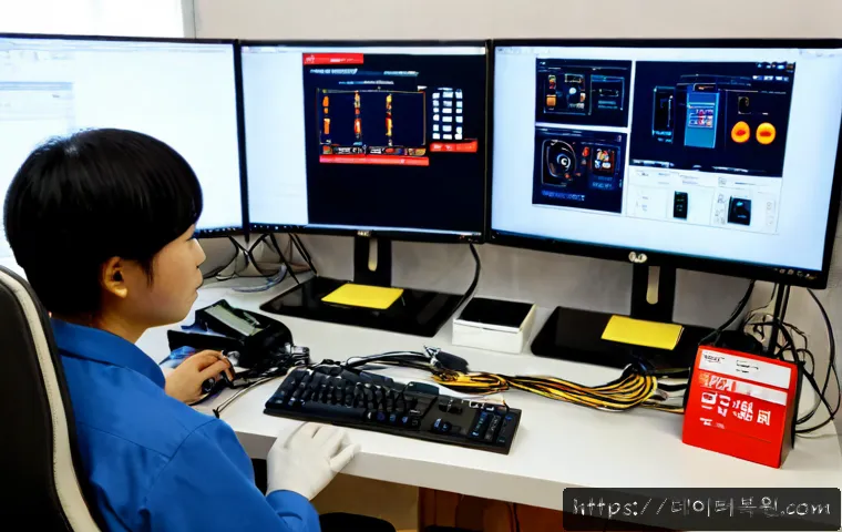 대흥동 VENDOR_DEFINED_ERROR - Photorealistic remote-support workstation in a compact Daeheung-dong office, dual monitors showing a...
