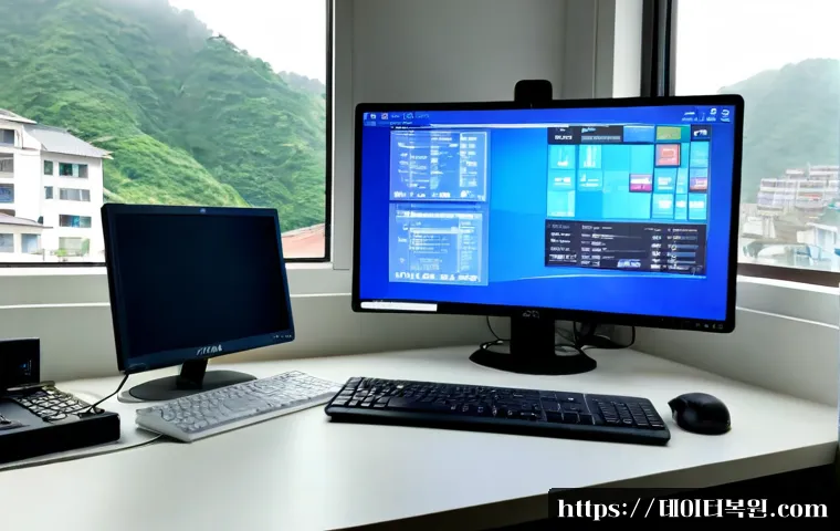 불광동 PAGE_TABLE_CORRUPT - Photorealistic IT support workstation in a compact Bulgwang-dong apartment office, dual monitors sho...