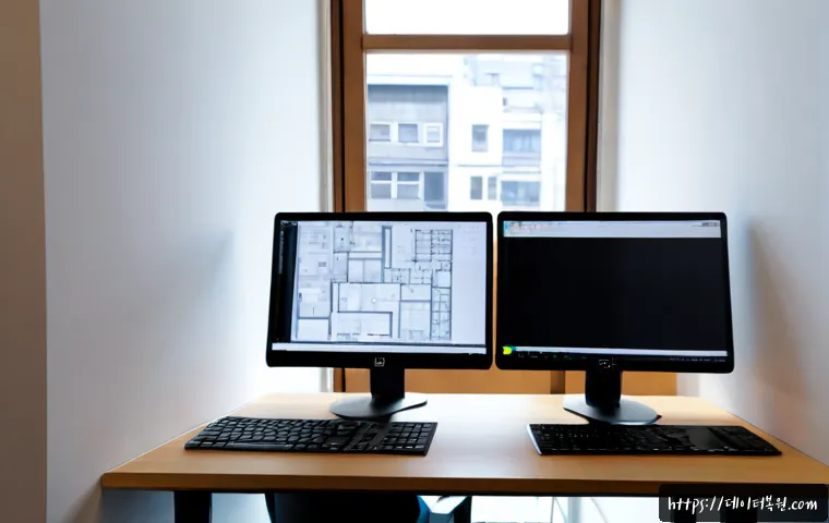 수표동 SESSION_HAS_NO_PAGEFILE - Photorealistic compact architecture workstation in a Sopyo-dong studio, dual monitors displaying an ...