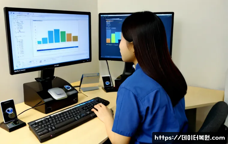 도내동 자동복구 - Photorealistic IT recovery workstation in a quiet Doynaedong-style apartment office, dual monitors s...