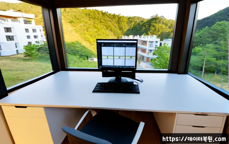 목현동 STATUS_NO_MEMORY - Photorealistic compact architectural workstation in a quiet hillside neighborhood apartment, dual mo...