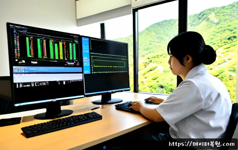 곤지암 STATUS_KERNEL_BOOT_FAILURE - Photorealistic IT support workstation in a quiet Gonjiam office, dual monitors showing a blank recov...