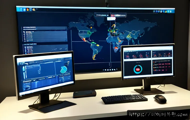 묵정동 STATUS_SECURITY_POLICY_VIOLATION - Photorealistic remote IT support workstation in a compact Mugyo-dong office, dual monitors showing a...