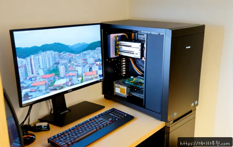 사직동 컴퓨터업그레이드 - Photorealistic computer upgrade workstation in a compact Sajik-dong apartment office, technician ins...