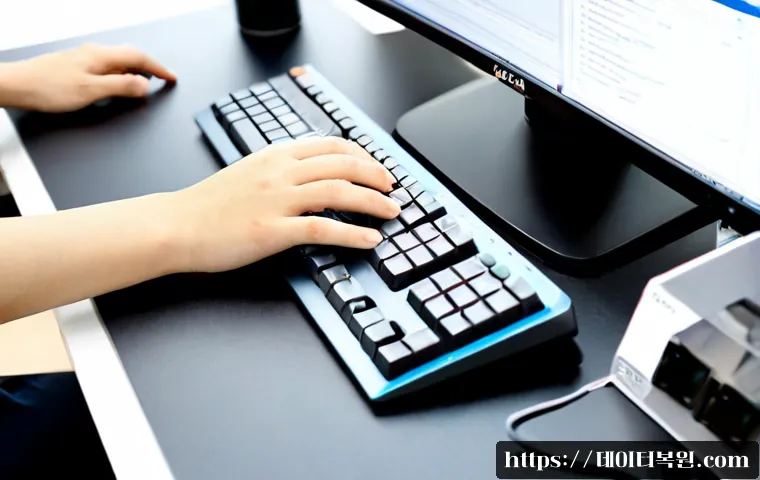 독산동 Press Ctrl Alt Del to restart - Photorealistic IT support workstation in a compact Doksa-dong office, technician using a blank-key m...