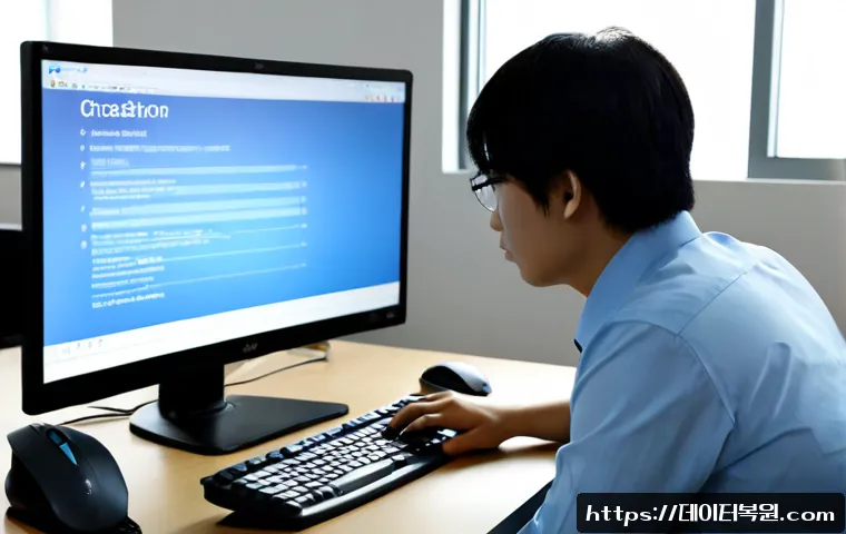 과천동 pc에 문제가 발생하여 다시 시작해야 합니다 - Photorealistic modern office workstation in Gwacheon, a desktop monitor showing a blank blue crash s...