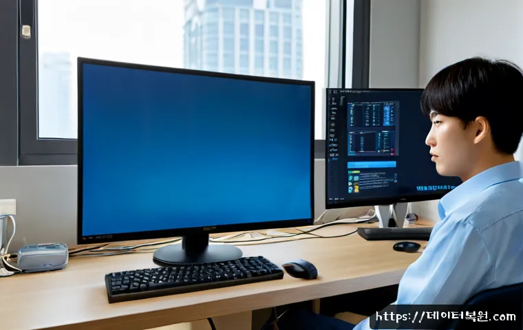 도선동 KERNEL_DATA_INPAGE_ERROR - Photorealistic remote IT support workstation in a compact Seoul apartment office, dual monitors show...
