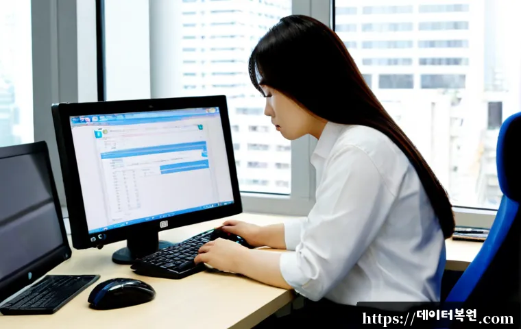 순화동 STATUS_DISK_WRITE_FAILURE - Photorealistic IT support workstation in a compact Jung-gu office near Sunhwa-dong, dual monitors sh...