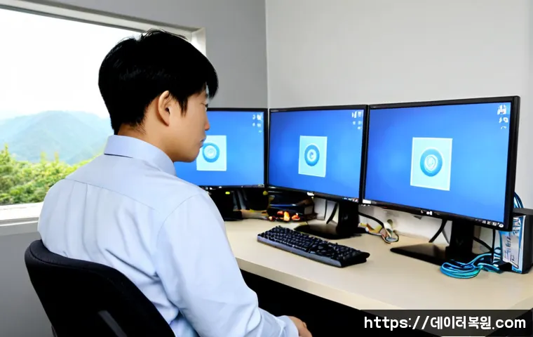 벽제동 STATUS_DEVICE_NOT_READY - Photorealistic IT support workstation in a quiet suburban Korean office near low wooded hills, techn...