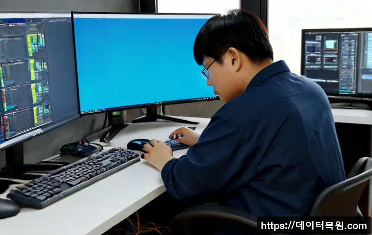 합정동 INVALID_KERNEL_HANDLE - Photorealistic IT support workstation in a modern Hapjeong neighborhood studio, dual monitors showin...