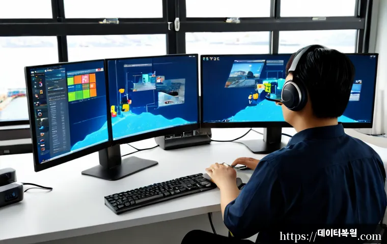 봉래동 STATUS_PRIVILEGED_INSTRUCTION - Photorealistic remote-support workstation in a compact office near a quiet harbor warehouse district...