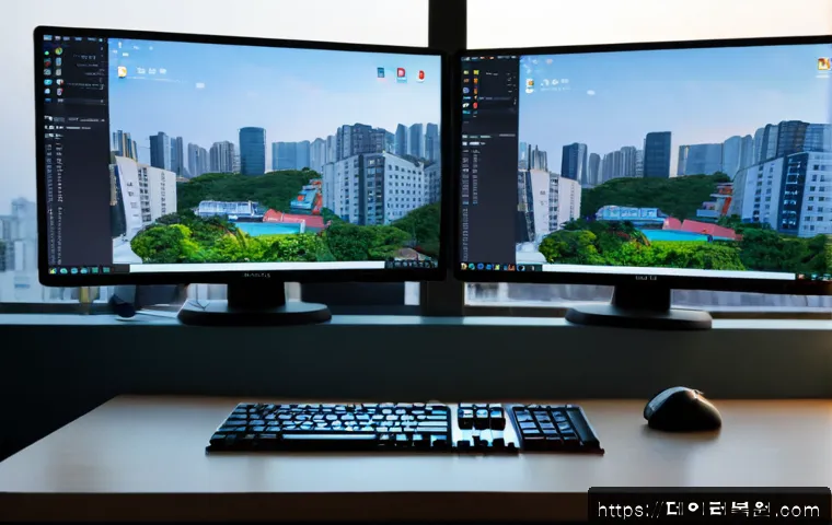 장안동 SOFTWARE_EXCEPTION - Photorealistic software engineer workstation in Jangan-dong, Seoul, dual monitors showing a blank ge...