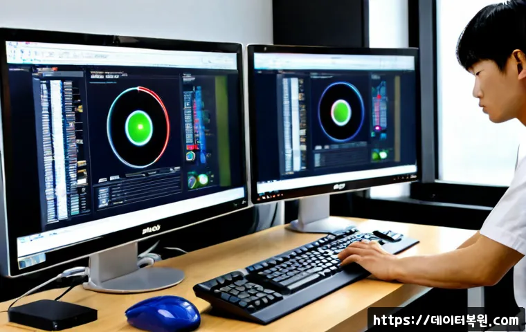 대화동 DPC_WATCHDOG_VIOLATION - Photorealistic product design workstation in Daehwa-dong, dual monitors showing a blank cobalt syste...