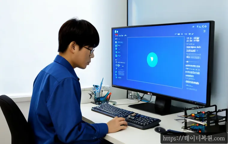 무학동 IRQL_NOT_LESS_OR_EQUAL - Photorealistic IT support workstation in a compact Mukhak-dong apartment office, dual monitors showi...