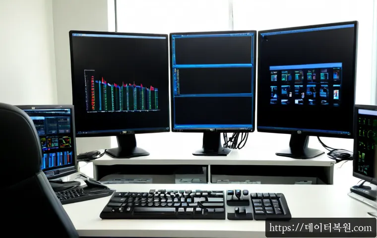 현천동 STATUS_KERNEL_HANDLE_INVALID - Photorealistic IT support workstation in a quiet Hyeoncheon-dong office, dual monitors showing abstr...