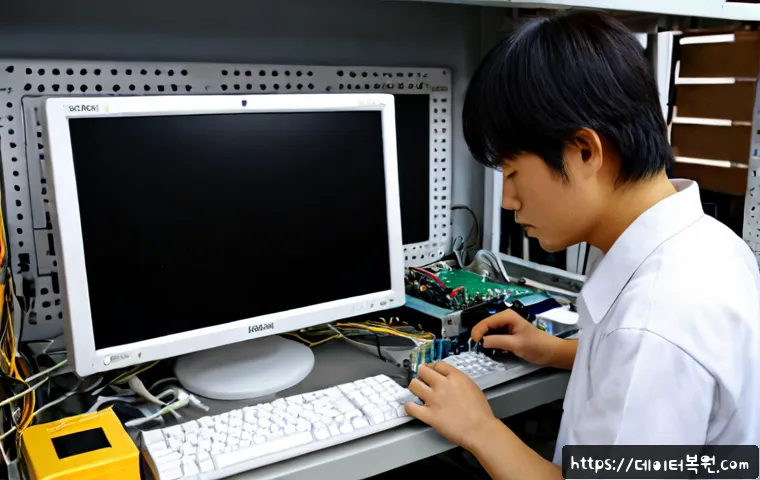 삼동 맥미니 판매 및 수리 - Photorealistic compact silver desktop computer repair bench in a quiet Samdong electronics workshop,...