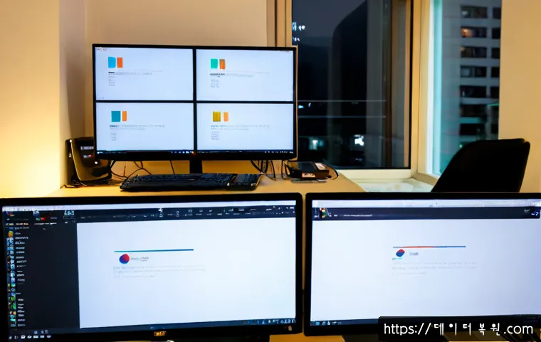 화양동 MEMORY_MANAGEMENT - Photorealistic remote-support workstation in a compact Huayang-dong apartment office, dual monitors ...