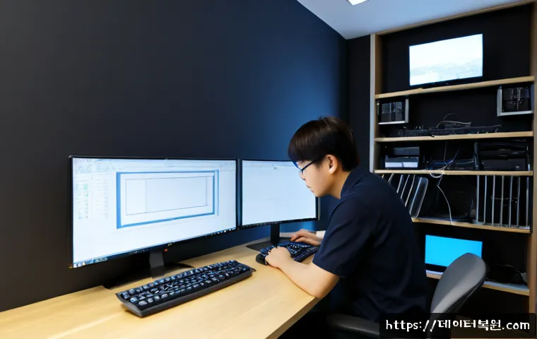 대림동 SESSION3_INITIALIZATION_FAILED - Photorealistic IT support workstation in a compact Daerim-dong office, technician restarting a power...