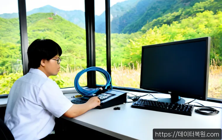 설악면 케이블연결확인 - Photorealistic IT support workstation in a quiet mountain township office, technician inspecting a n...