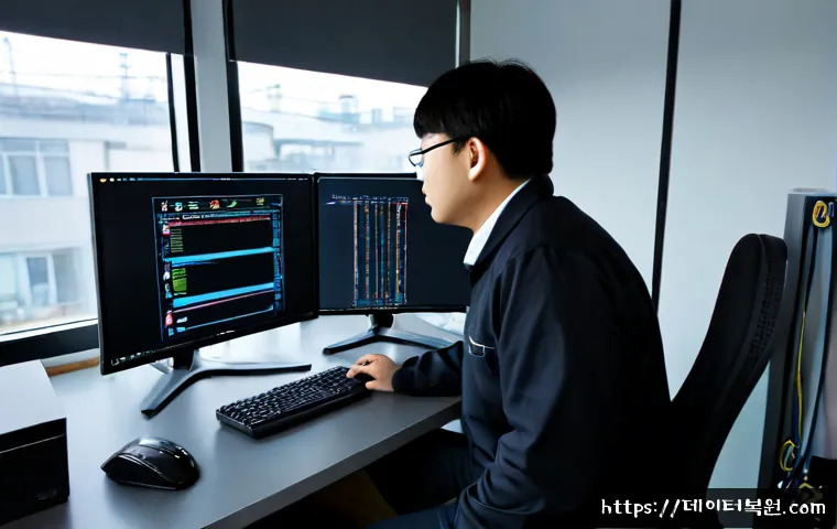 주암동 STATUS_KERNEL_MODULE_ACCESS_DENIED - Photorealistic IT support workstation in a compact Juam-dong office, dual monitors showing a blank d...