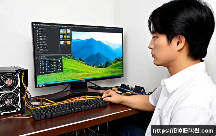 방학동 하드조립 및 교체수리 - Photorealistic PC repair workstation in a compact Banghak-dong apartment office, technician carefull...