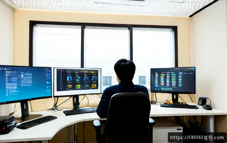 월계동 SOFTWARE_EXCEPTION - Photorealistic IT support workstation in a compact Wolgye-dong apartment office, dual monitors showi...