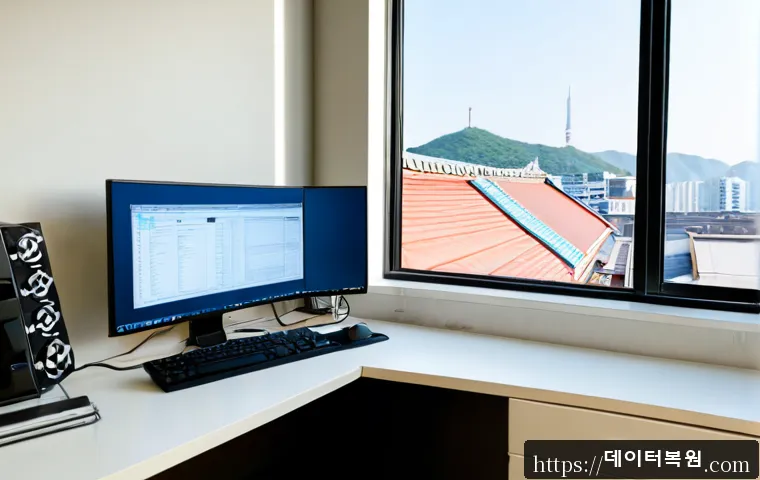 만리동 NMI_HARDWARE_FAILURE - Photorealistic IT support workstation in a compact Mangnidon office, desktop tower opened beside dua...
