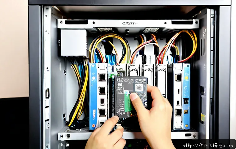 하면 해놀로지 xpenology 구축 - Photorealistic compact home server workstation, open black microtower with neatly routed SATA cables...