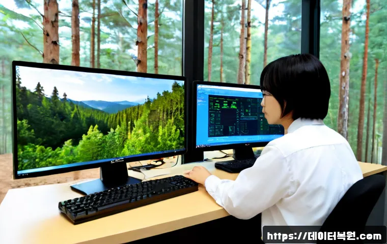 산림동 STATUS_MODULE_CORRUPTION - Photorealistic IT support workstation in a quiet forest-edge district office, dual monitors showing ...