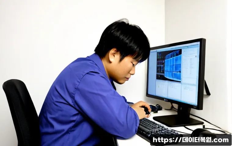 용산동 컴퓨터멈춤 - Photorealistic computer repair workstation in a compact Yongsan-dong office, technician diagnosing a...