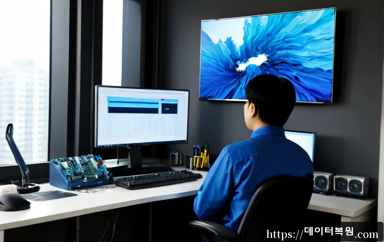 신정동 STATUS_STACK_BUFFER_OVERRUN - Photorealistic IT support workstation in a compact Sinjeong-dong apartment office, dual monitors sho...