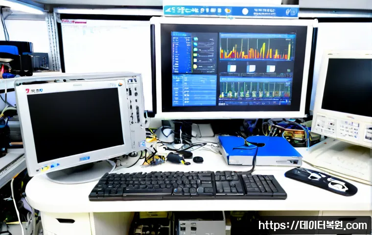 황학동 STATUS_KERNEL_MODE_EXCEPTION - Photorealistic IT repair workstation in a compact Hwanghakdong electronics-market workshop, dual mon...