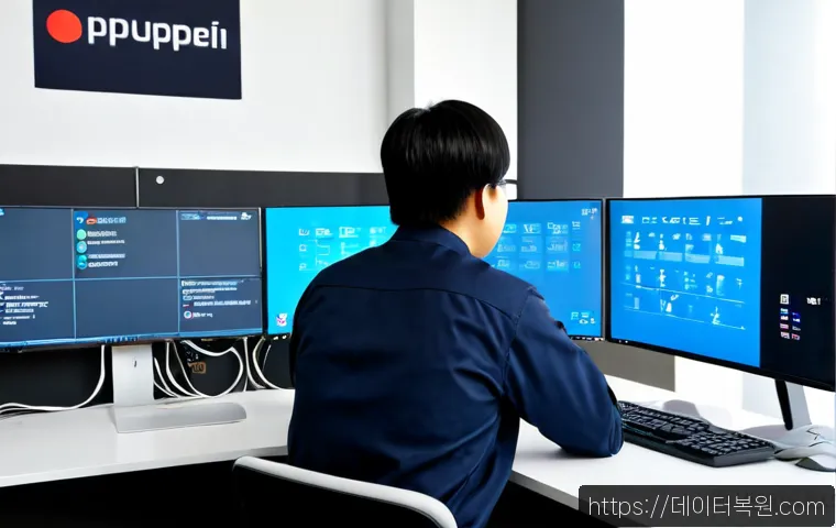초동 STATUS_NETWORK_ACCESS_DENIED - Photorealistic IT support workstation in a modern Korean office, frustrated technician facing a secu...