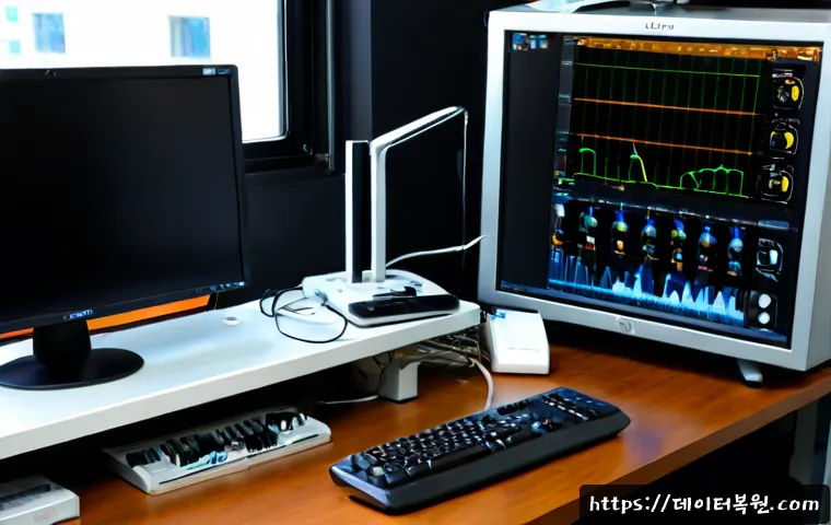 염창동 HARDWARE_FAILURE - Photorealistic remote-support workstation in a compact Yeomchang-dong office, desktop tower open bes...