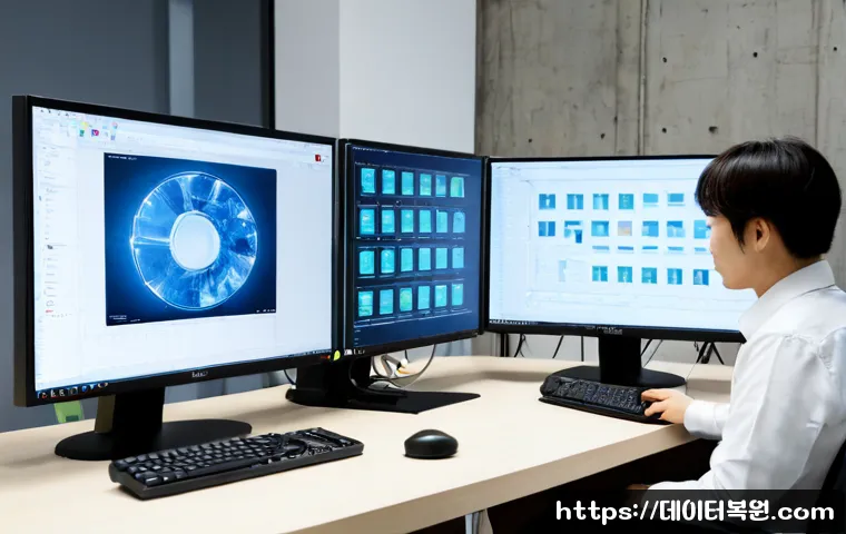 쌍림동 MACHINE_CHECK_EXCEPTION - Photorealistic IT workstation in a compact Ssangnim-dong design office, dual monitors showing a froz...