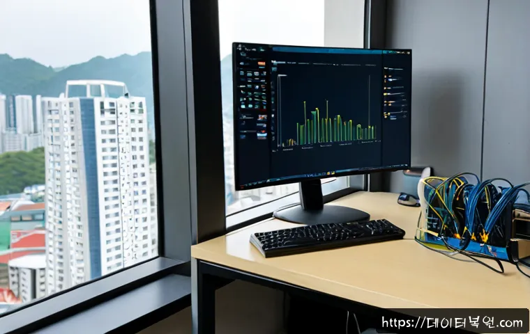 하중동 케이블연결확인 - Photorealistic IT support workstation in a modern Korean apartment office, technician verifying an E...