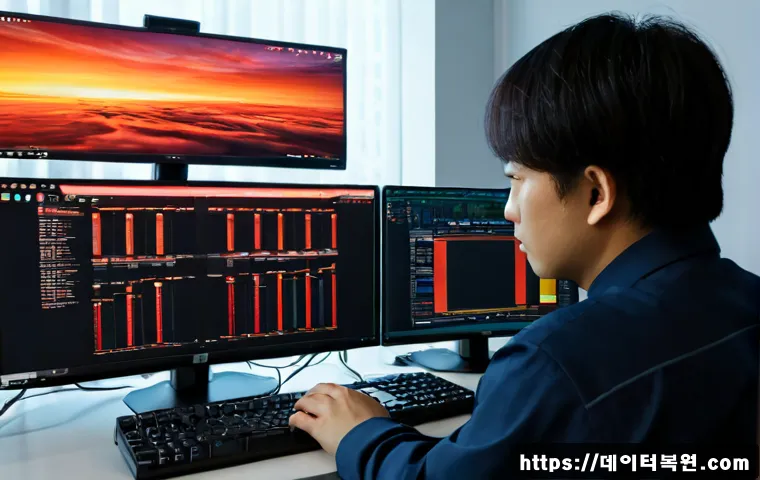 흥도동 STATUS_INVALID_THREAD - Photorealistic IT support workstation in a quiet Korean neighborhood office, dual monitors showing a...