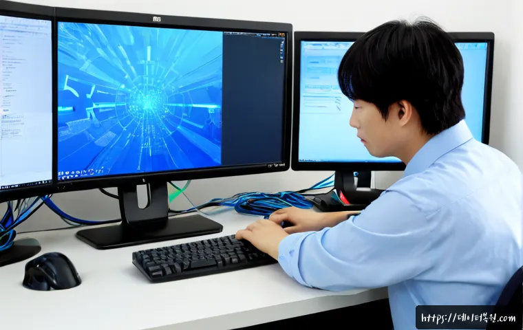 군자동 DPC_WATCHDOG_VIOLATION - Photorealistic IT support workstation in a compact Gunja-dong design studio, dual monitors showing a...