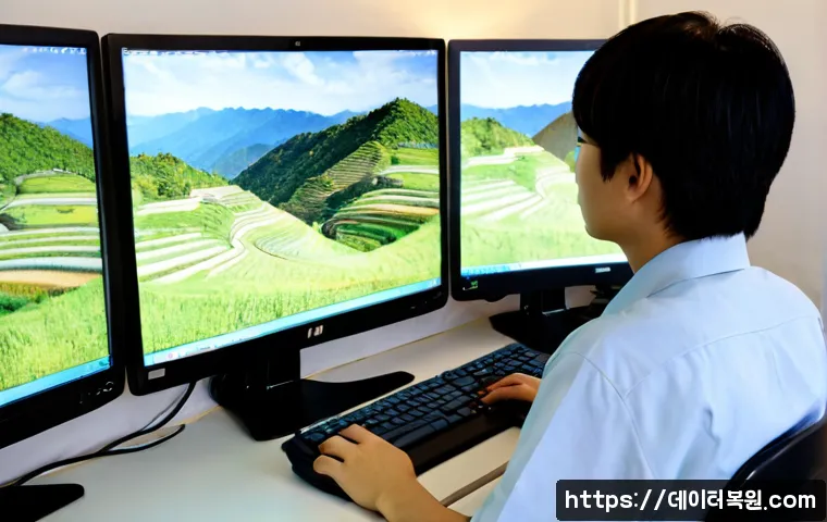 청운효자동 PAGE_TABLE_CORRUPT - Photorealistic IT support workstation in a quiet hillside neighborhood office, dual monitors display...