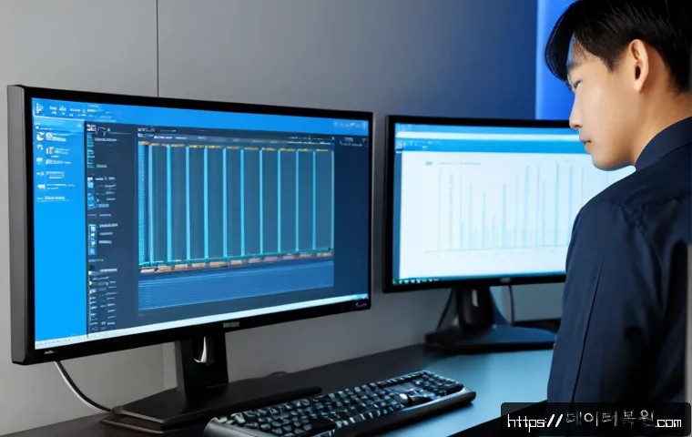 율현동 STATUS_KERNEL_MODE_EXCEPTION - Photorealistic IT support workstation in a modern apartment office, dual monitors showing a clean ab...