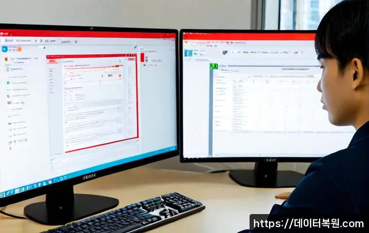 수궁동 PAGE_TABLE_CORRUPT - Photorealistic IT support workstation in a compact Korean neighborhood office, dual monitors showing...