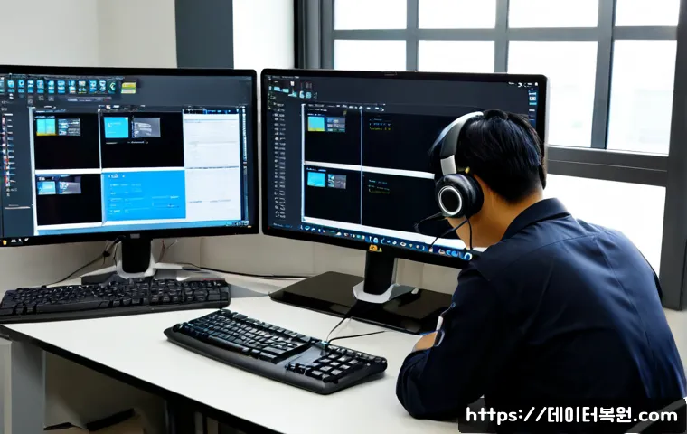 평동 STATUS_IMAGE_ACCESS_DENIED - Photorealistic remote IT support workstation in a quiet Pyeong-dong industrial office, dual monitors...