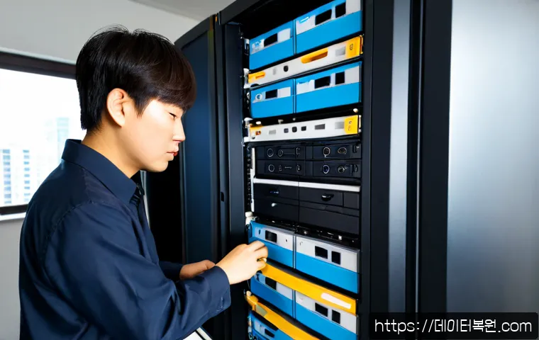 노고산동 파일서버출장방문수리점 - Photorealistic file server repair workstation in a compact Nogosan-dong office, technician replacing...