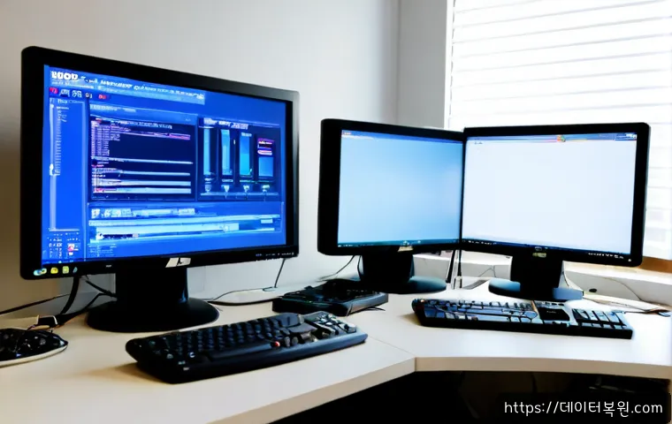 재동 블루스크린 - Photorealistic IT support workstation in a compact Seoul apartment office, dual monitors with one di...