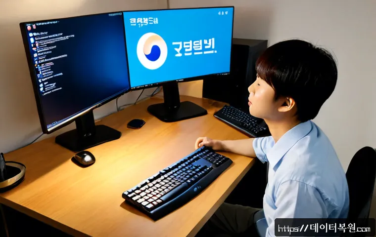 궁정동 블루스크린 - Photorealistic IT support workstation in a quiet Gungjeong-dong office, dual monitors with one glowi...