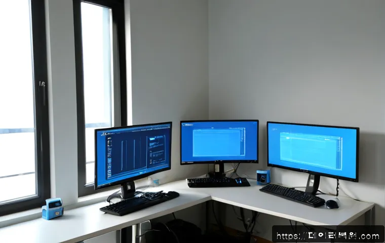 중학동 STATUS_KERNEL_MODULE_CORRUPTION - Photorealistic IT support workstation in a quiet Jung-hak-dong office, dual monitors showing a blank...