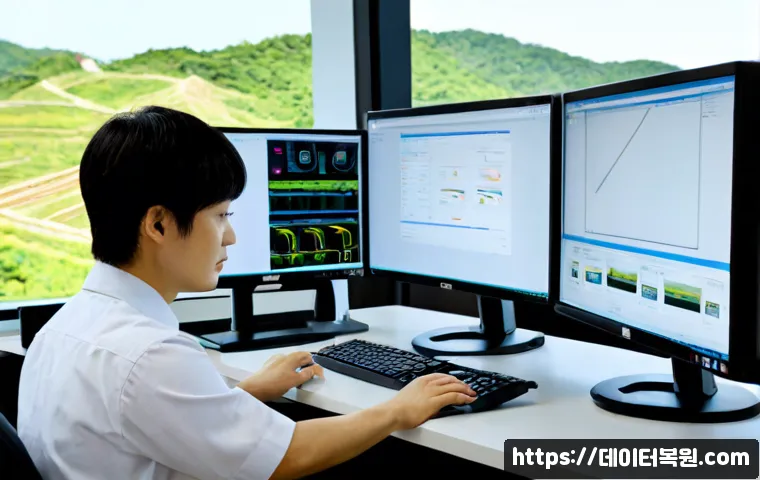 수유동 STATUS_KERNEL_MODULE_CORRUPTION - Photorealistic IT support workstation in a compact Suyu-dong office, dual monitors showing abstract ...