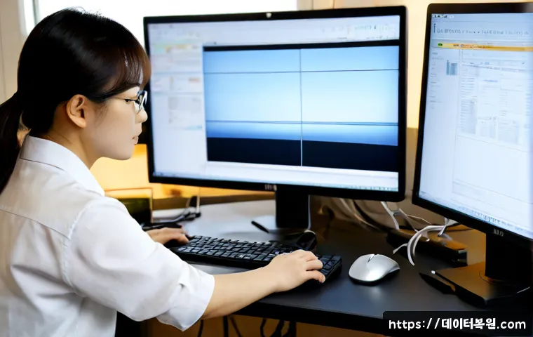 혜화동 컴퓨터멈춤 - Photorealistic workstation in a compact Hyehwa-dong design studio, frustrated technician examining a...